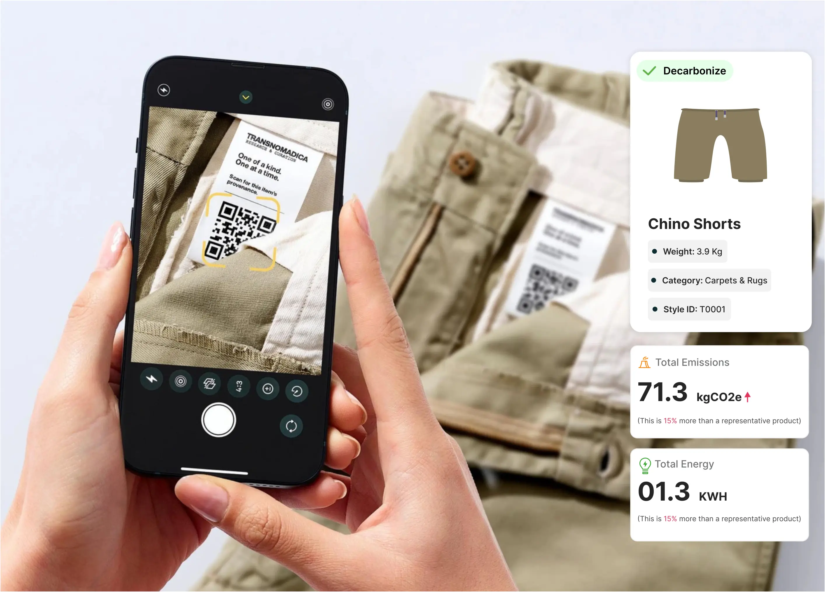 GreenStitch book a demo, dashboard with product LCA results for hand-knotted carpet—emissions, water, energy metrics, charts