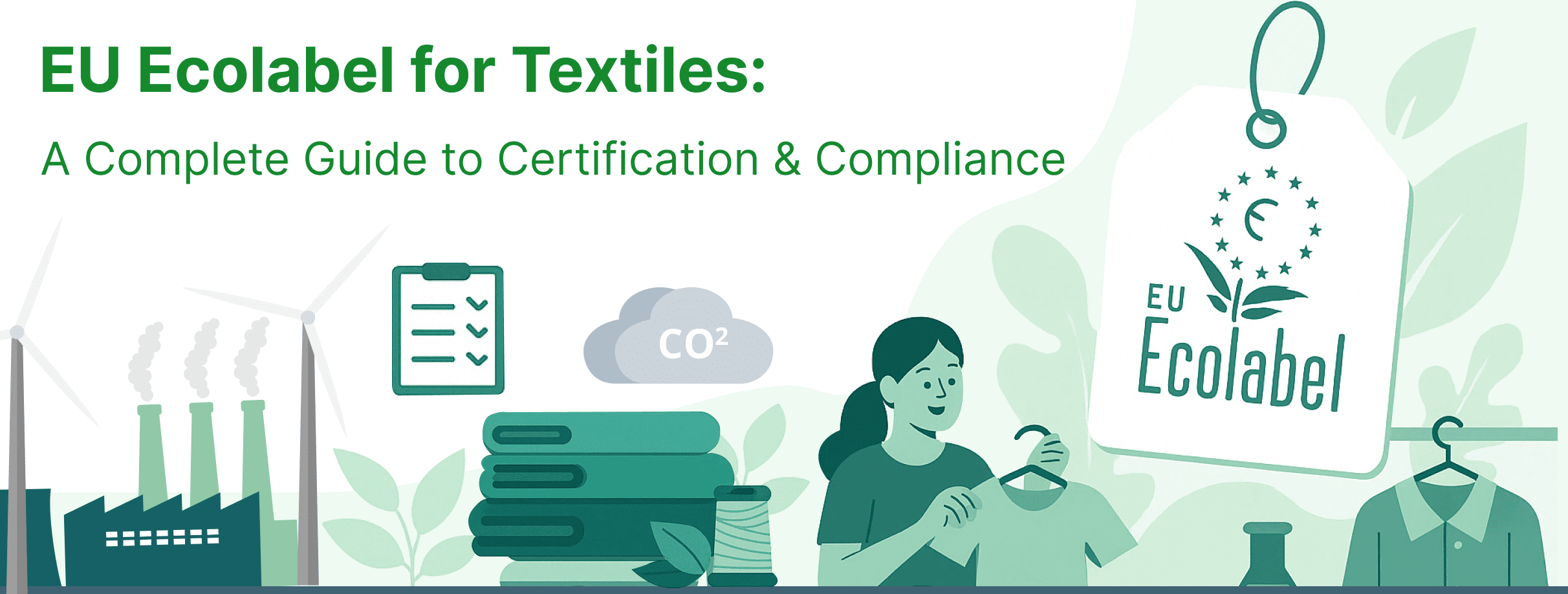 EU Ecolabel for Textile header: wind turbine, factory emitting CO₂, checklist icon, stacked fabrics, person with ecolabel tag